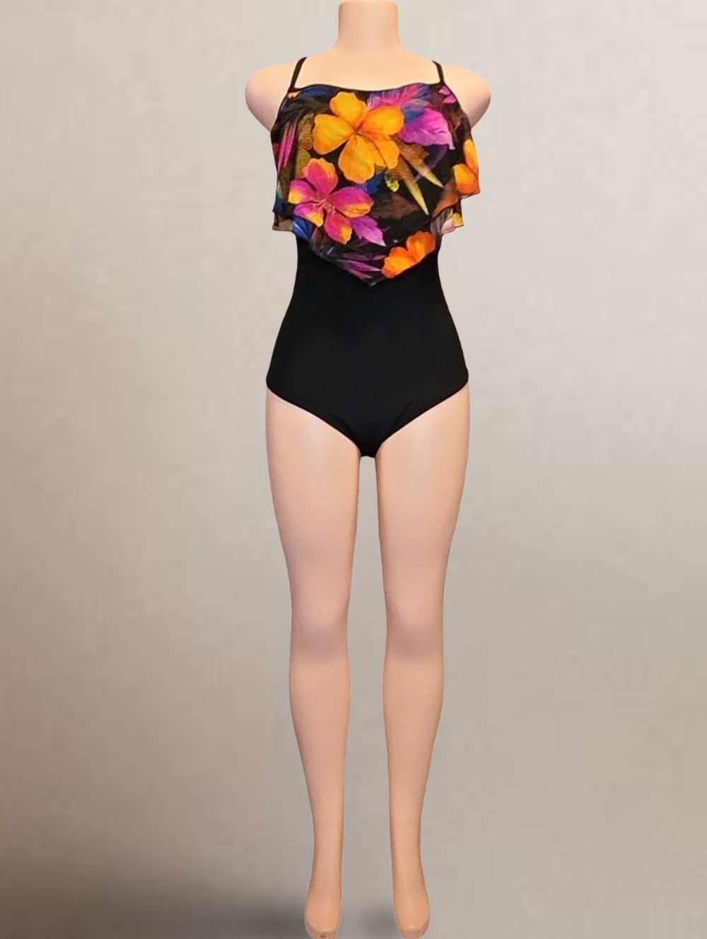 Vintage Longitude Black Floral One Piece Swimsuit Plus Size 20W Spaghetti Strap - Picture 3 of 10